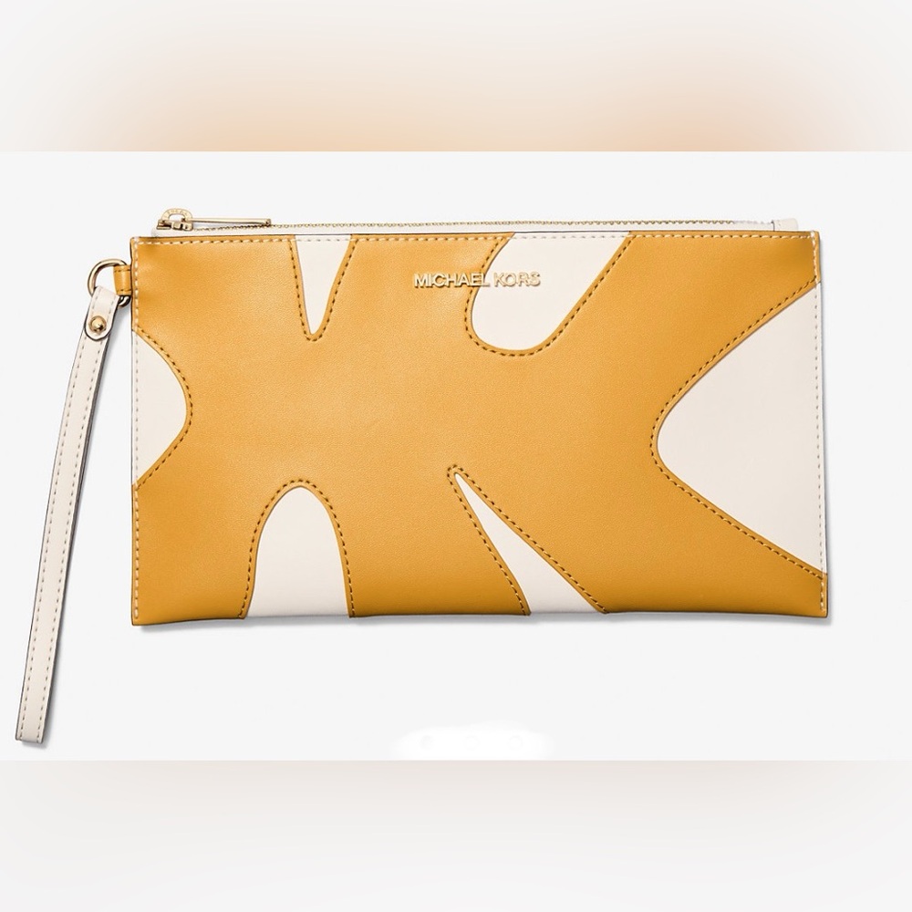 Michael Kors NEW Jet Set Travel Large Color-Block Wristlet White/Gold NWT